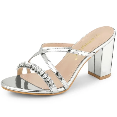 Allegra K Women's Crisscross Strap Rhinestone Block Heel Slide Sandals 9 Allegra K Women's Crisscross Strap Rhinestone Block Heel Slide Sandals - Image 7