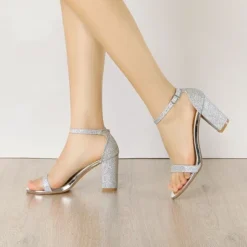 Allegra K Women's Glitter Ankle Strap Chunky Heels Sandals