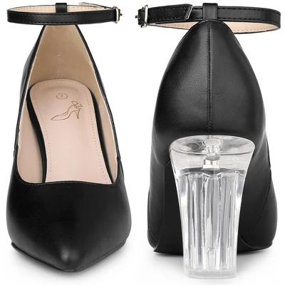 Perphy Ankle Strap Pointed Toe Clear Chunky Heel Pumps For Women 3 Perphy Ankle Strap Pointed Toe Clear Chunky Heel Pumps For Women
