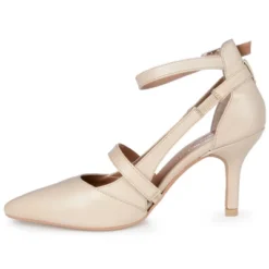 Journee Signature Womens Genuine Leather Vallerie Buckle Mid Heel Almond Toe Pumps