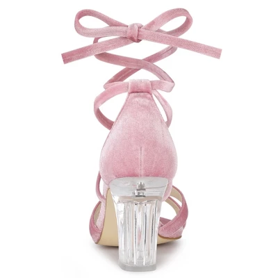 Allegra K Women's Velvet Lace Up Clear Heels Block Heel Sandals 5 Allegra K Women's Velvet Lace Up Clear Heels Block Heel Sandals - Image 3