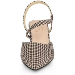 Perphy Houndstooth Printed Pointed Toe Slingback Chunky Heels Mules For Women