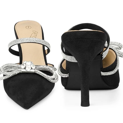 Perphy Pointed Toe Rhinestones Bow Stiletto Heel Slip On Mules For Women 3 Perphy Pointed Toe Rhinestones Bow Stiletto Heel Slip On Mules For Women