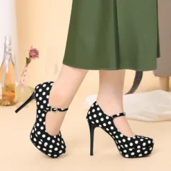 Allegra K Women's Polka Dots Platform Round Toe Ankle Strap Stiletto High Heel Pumps