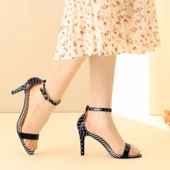 Perphy Women's Stiletto Heels Stripe Polka Dots Ankle Strap Sandals